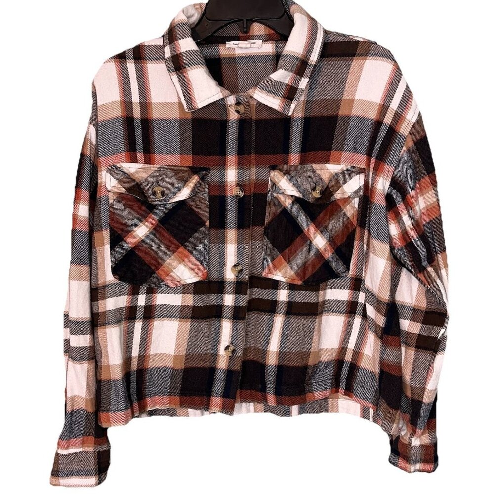 Beachlunchlounge Flannel Shacket Browns Jacket Shirt Button Up Pockets Sz L